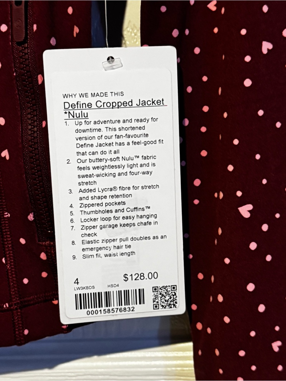 Lululemon Define Cropped Jacket Size 4 Pink Scattered Hearts Pattern - Picture 7 of 8
